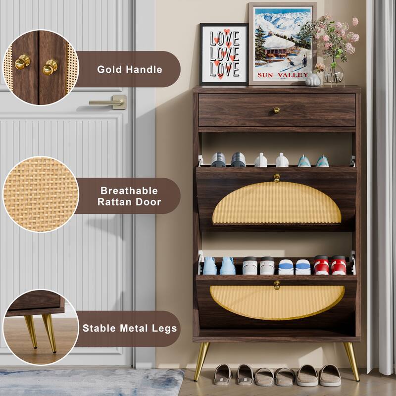Futzca Shoe Cabinet Rattan, Shoe Storage Cabinet with 2 Flip Drawers