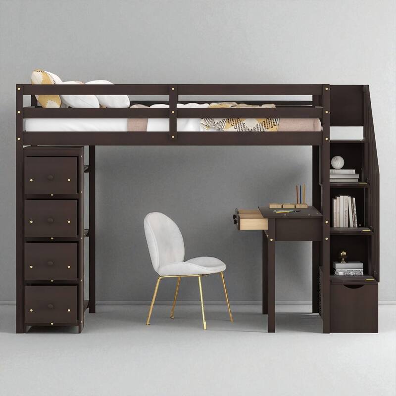Twin Size Loft Bed with Desk, Storage Drawers, Shelves & Stairs, Wooden Frame for Kids & Teens - Espresso - Twin