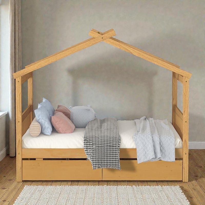 Twin/Full Size Wooden House Bed with Roof and 2 Drawers, Kids Platform Bed with Storage, Solid Pine Frame