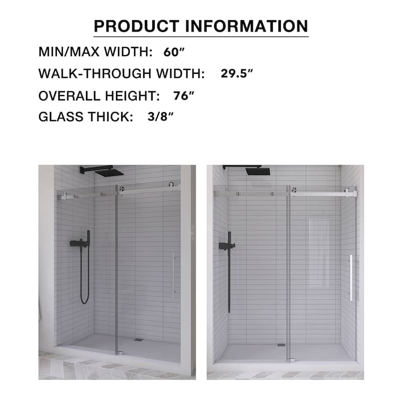 60 in. W x 76 in. H Frameless Single Sliding Shower Doors with Clear Tempered Glass - 60" x 76" in.