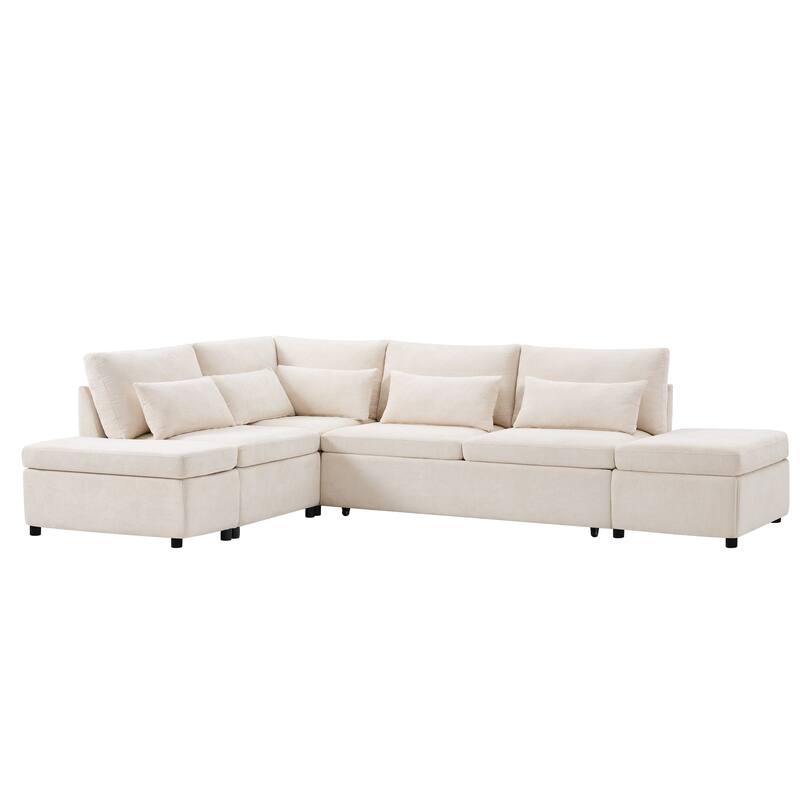 107'' Modular Sectional Pull-out Sofa in Light Khaki + Beige, Chenille, for Living Room & Apartment