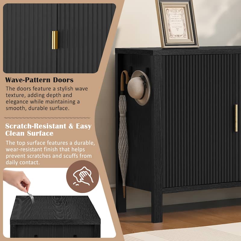 Modern Wave-Pattern Sideboard with 3 Drawers, Buffet Cabinet with Hooks & Center Leg for Living Room or Entryway