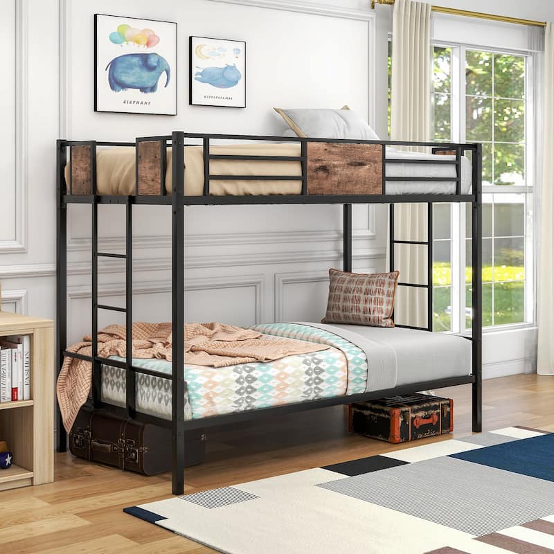 Twin Size Metal Bunk Bed with Guardrail