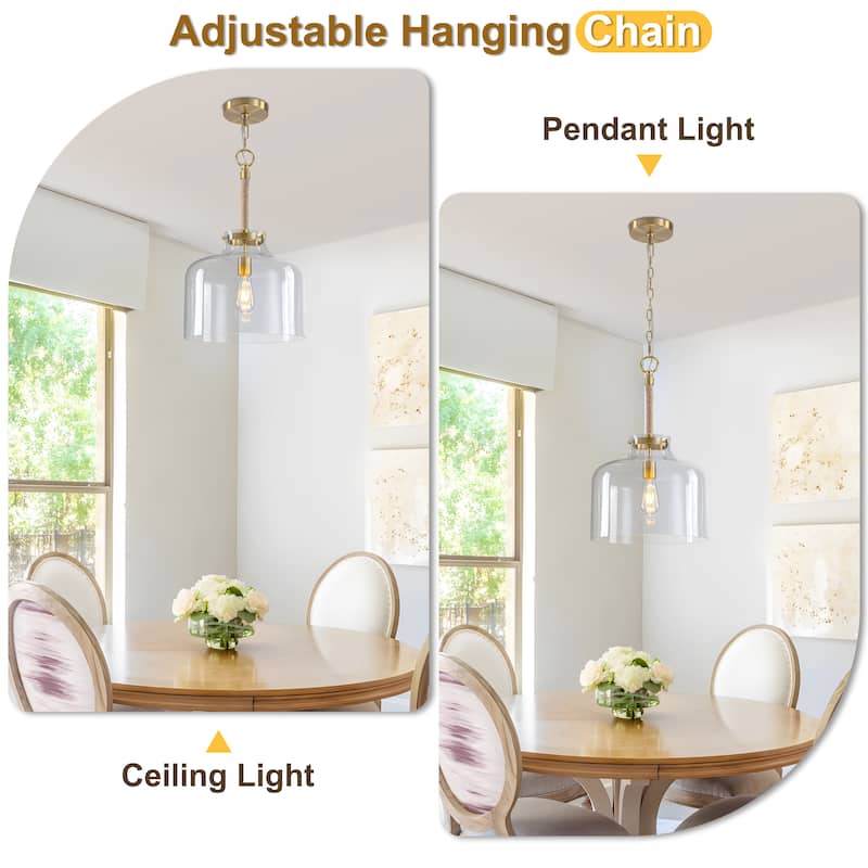 Starsky 1-Light Clear Glass Bell Jar / Cloche Pendant With Rope Accent