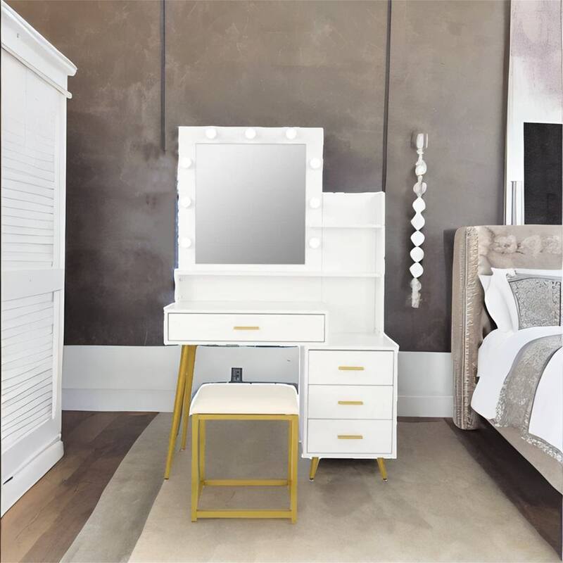 Vanity Set with 9 LED Bulbs and Cushioned Stool - White
