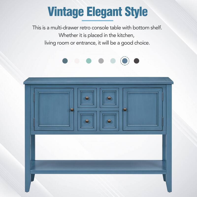 Ample Storage Vintage Console Table With Four Small Drawers And Bottom Shelf