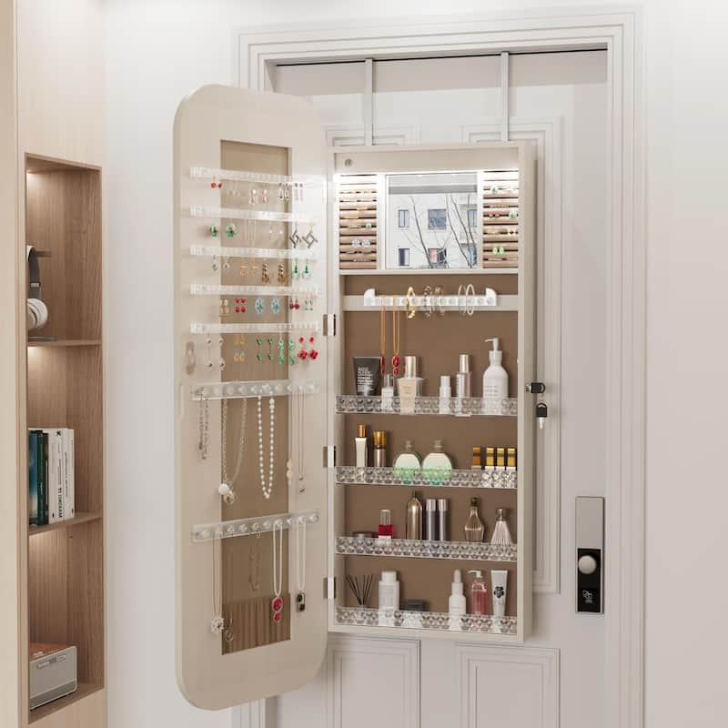 Jewelry Armoire Organizer with Full Length Mirror, Door or Wall Mounted,Lockable Storage Cabinet, Interior Mirror, White - White