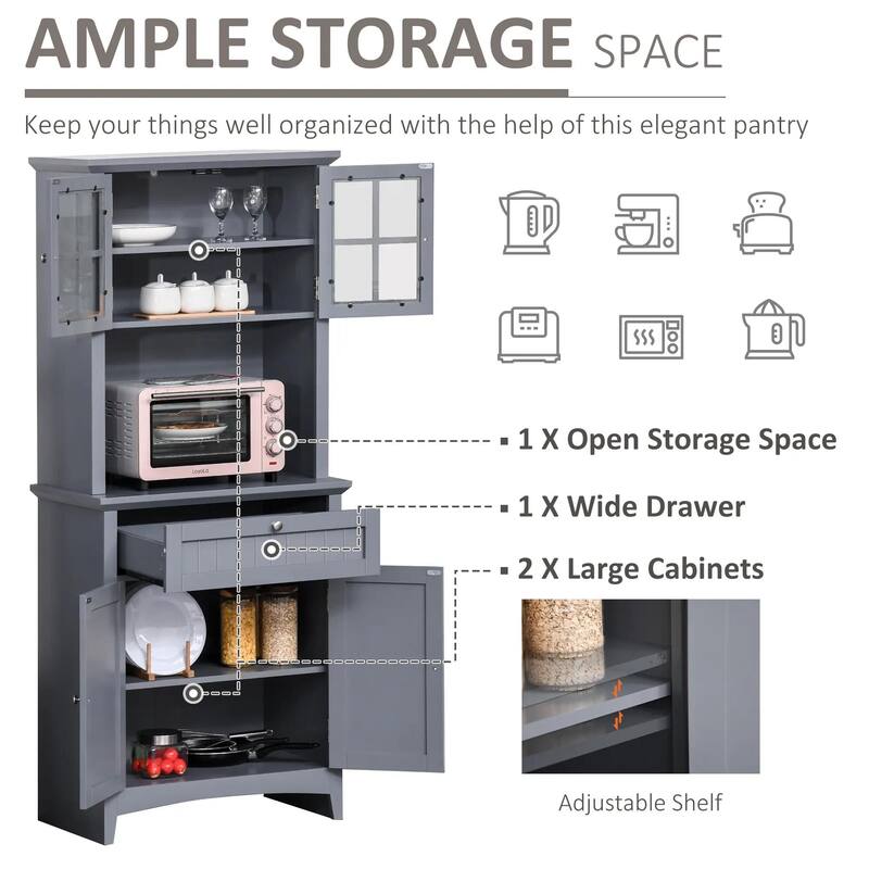 Modern Buffet Hutch, Kitchen Storage Cabinet with Glass Doors, Drawers