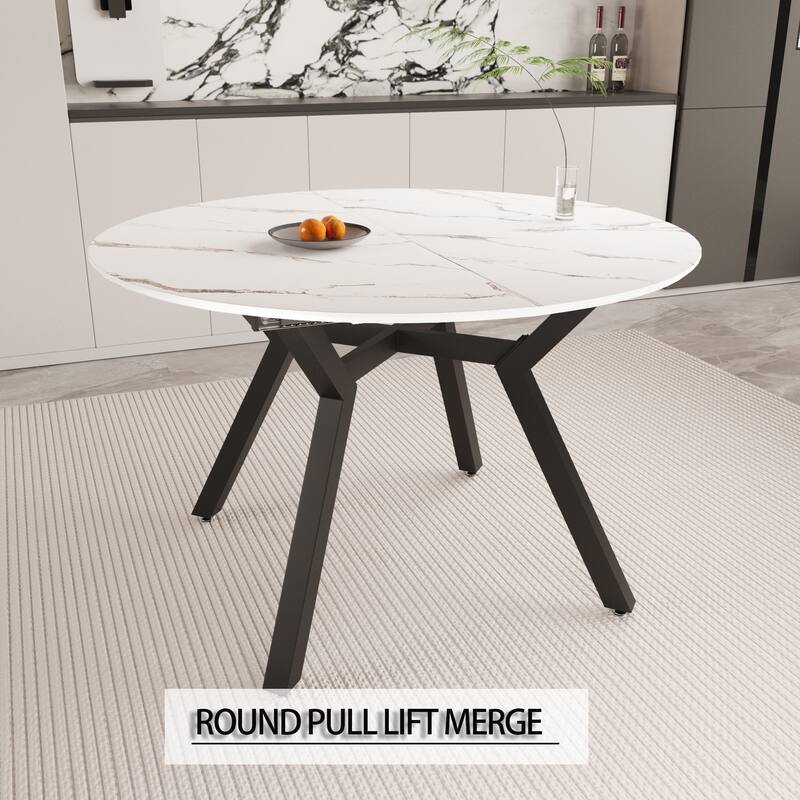 47-63 " extendable white circular dining table, 4-6 person kitchen dining table, modern coffee table with MDF tabletop a