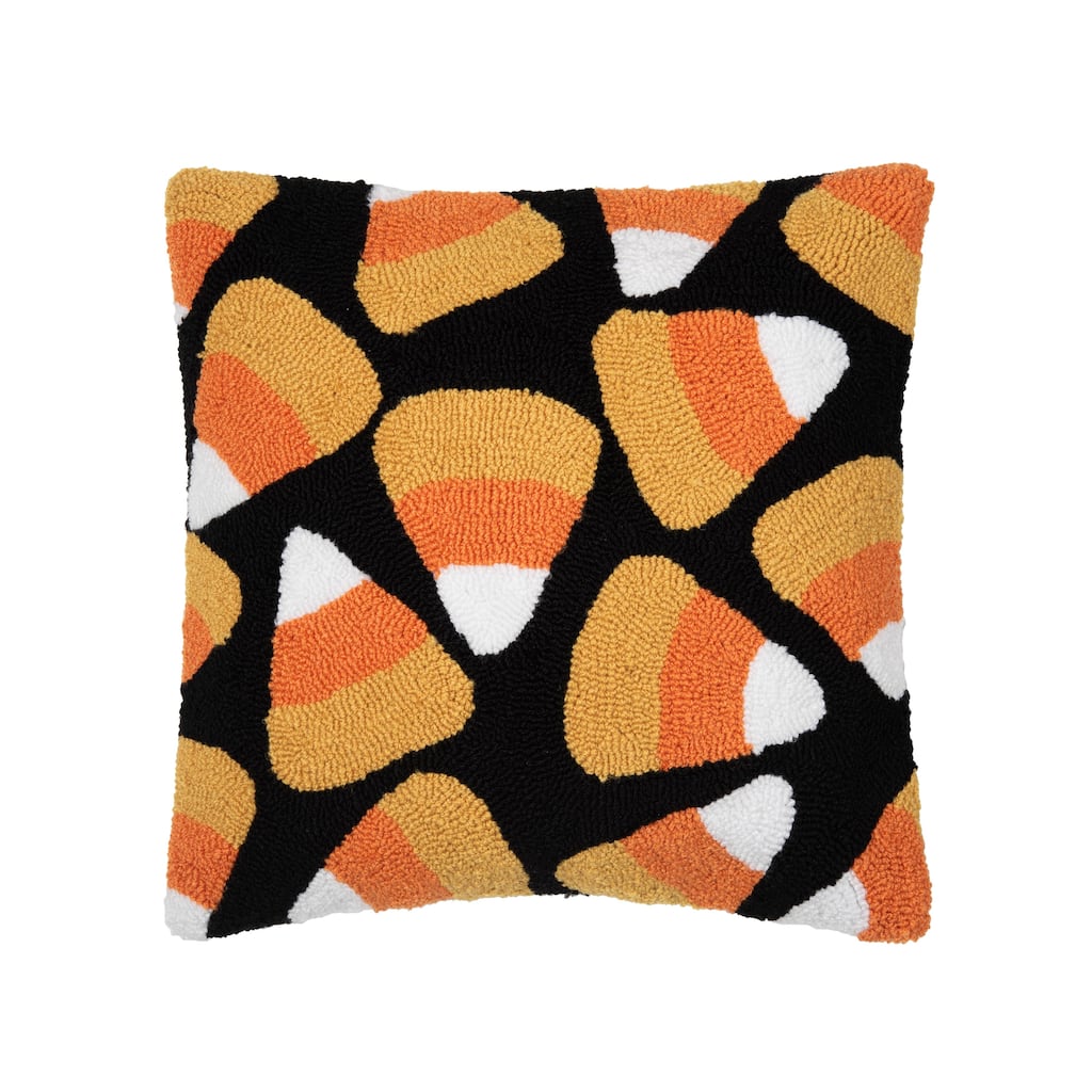 18" x 18 Candy Corn Halloween Hooked Pillow