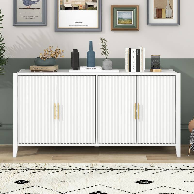 Vertical Fluted Accent Storage Cabinet Sideboard Wooden Buffet Cabinet with Metal Handles for Hallway, Entryway, Living Room - White - 4 Doors