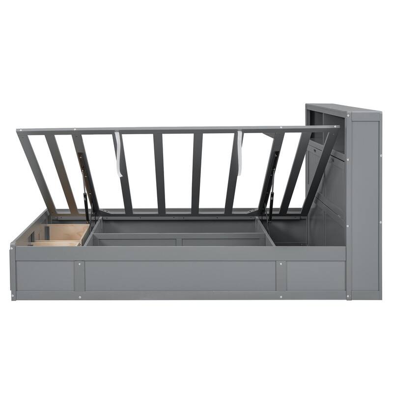Full Size Wood Platform Bed with LED Headboard Charging Station 2 Drawers Hydraulic Storage