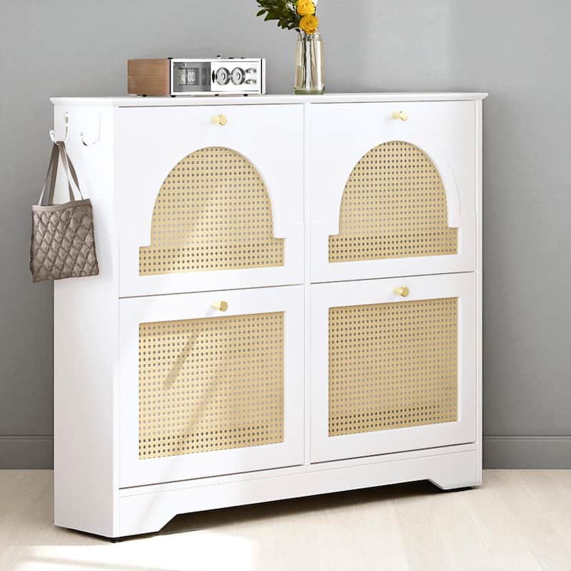 Mid-Century Rattan Flip Drawer Shoe Cabinet with 4 Narrow Doors, Entryway Organizer with Hooks, Freestanding Shoe Storage - White