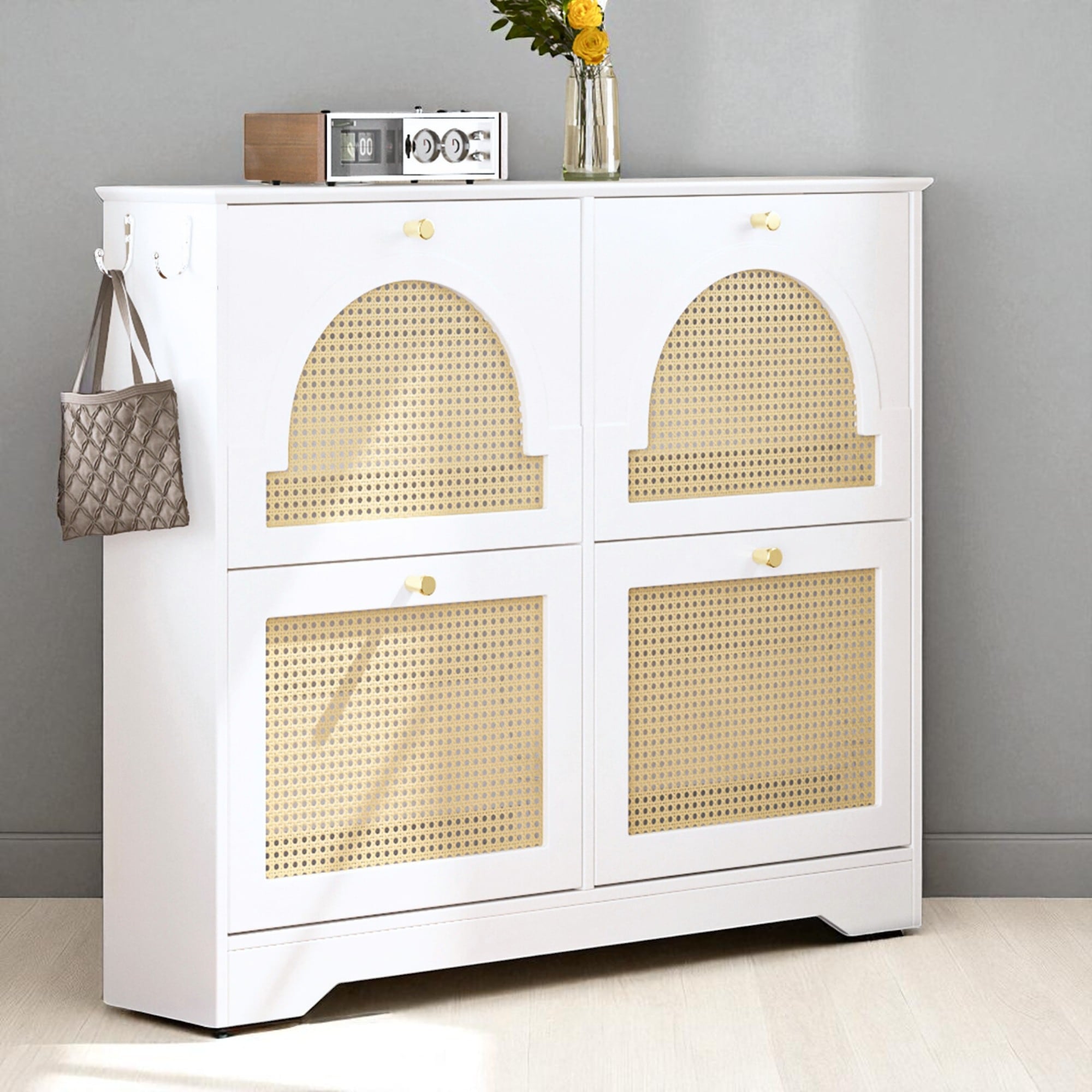 Mid-Century Rattan Flip Drawer Shoe Cabinet with 4 Narrow Doors