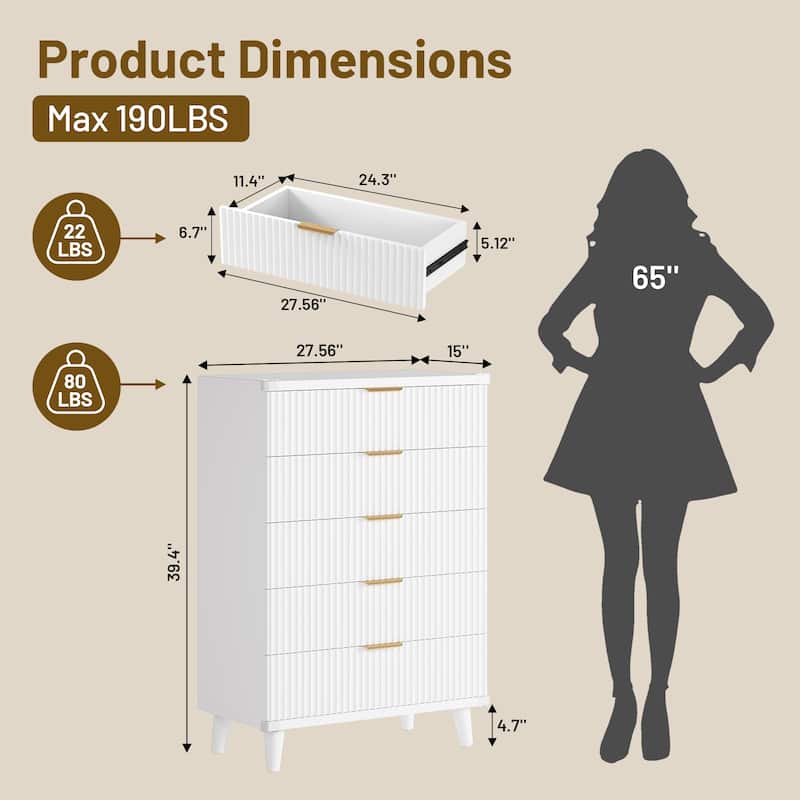 5 Drawer Tall Dresser for Bedroom, Slim Boho Bedroom Furniture