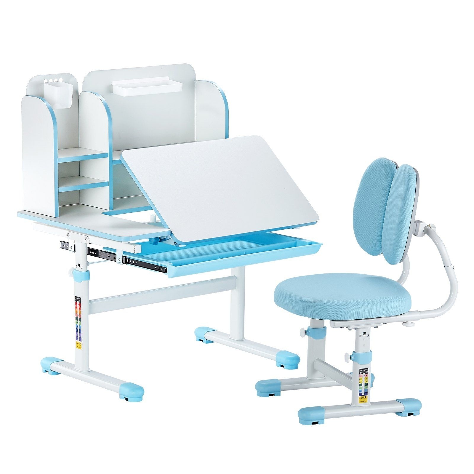 Kids Study Chair and Desk Set, for Kids with Bookshelf & Storage Drawer, Adjustable Height Tilted Desktop Desk and Chair