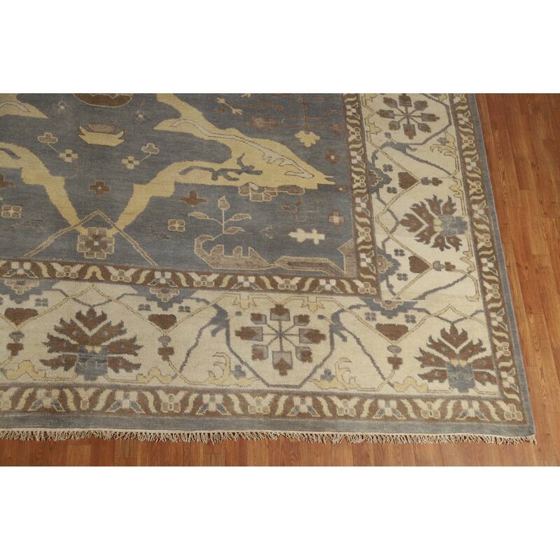 Gray Oushak Indian Large Rug Handmade Gray Floral Wool Carpet - 11'10" x 14'9"