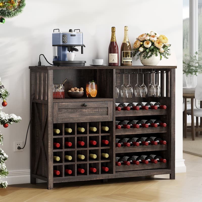 Moasis 47" Wine Bar Cabinet with LED Lights and Power Outlet - Oak
