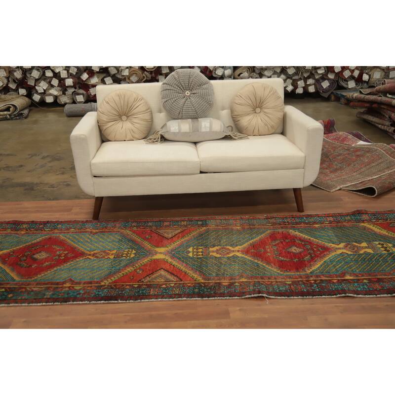 Hand Knotted Oriental 100% Wool Carpet Traditional Geometric Oranges & Rust Ardebil Runner Rug - 11' 4'' X 3' 2''