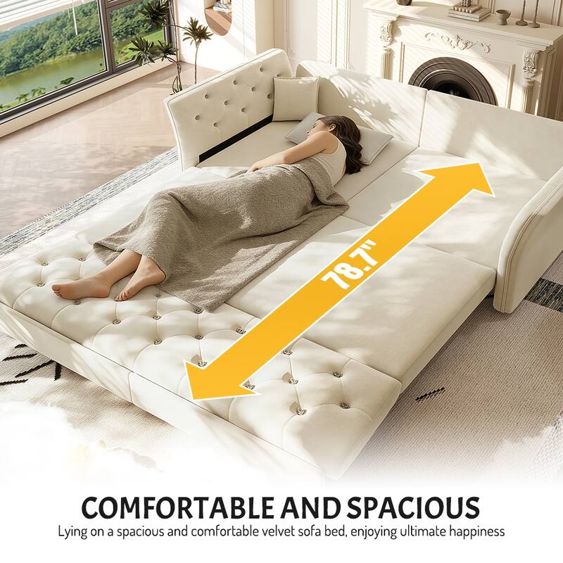 74.4" Velvet Sofa Bed, Pull-Out Sleeper Couch, Convertible Loveseat, Upholstered Sofa Bed with Tufted Backrest, Flared Arms