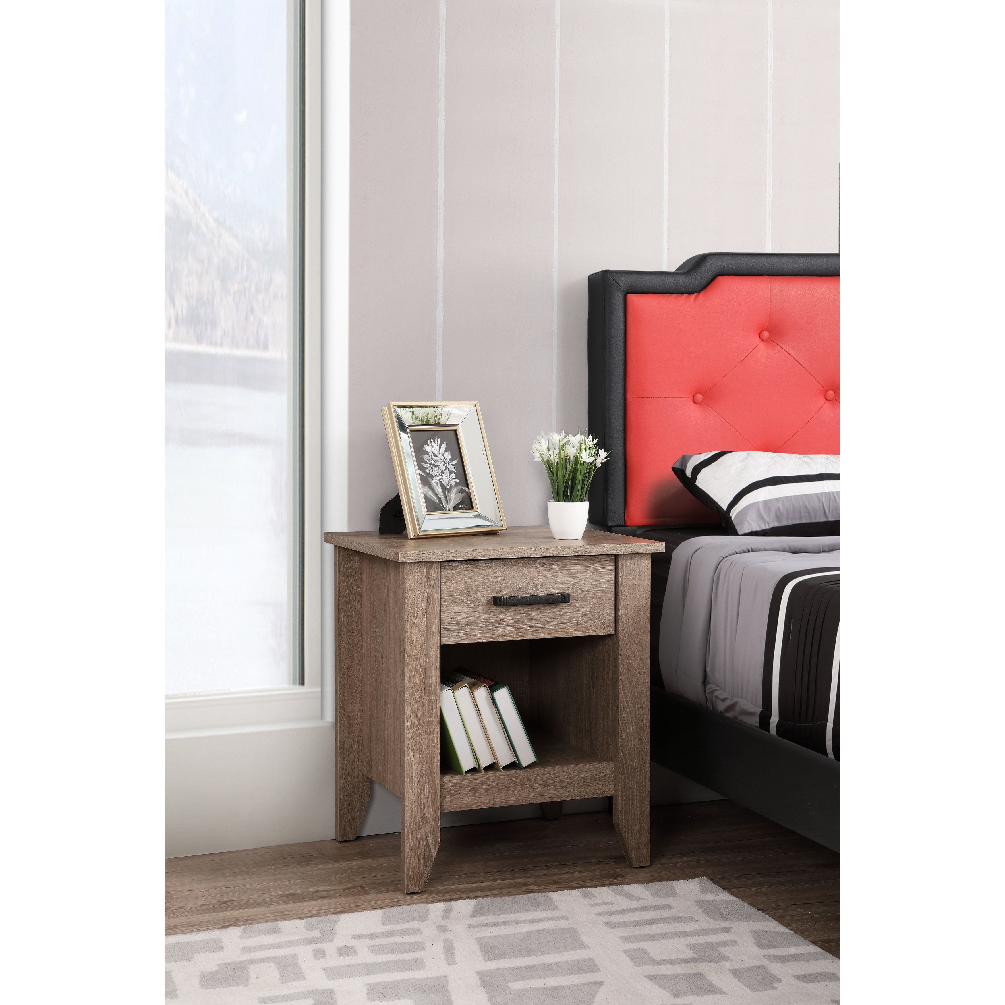 Modern 21-in Metal Hand Holder Single-Drawer Wood Nightstand with Open Rack