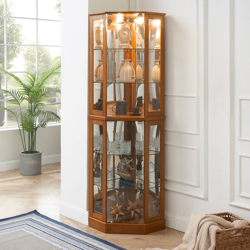 Lighted Corner Curio Display Cabinet with 6 Adjustable Glass Shelves and Mirrored Back Panel - Oak
