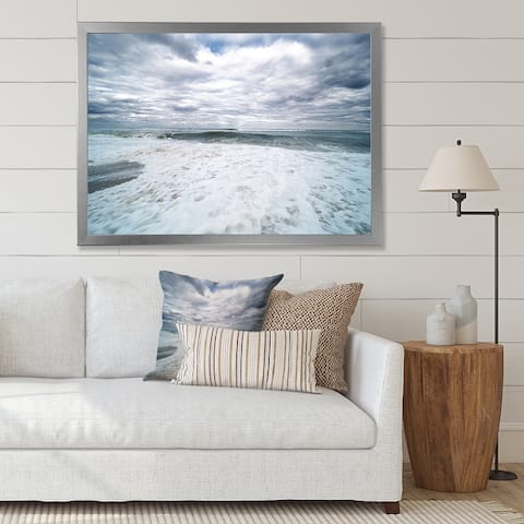 Designart 'Beach With White Sand And Cloudy Sky' Nautical & Coastal Framed Art Print