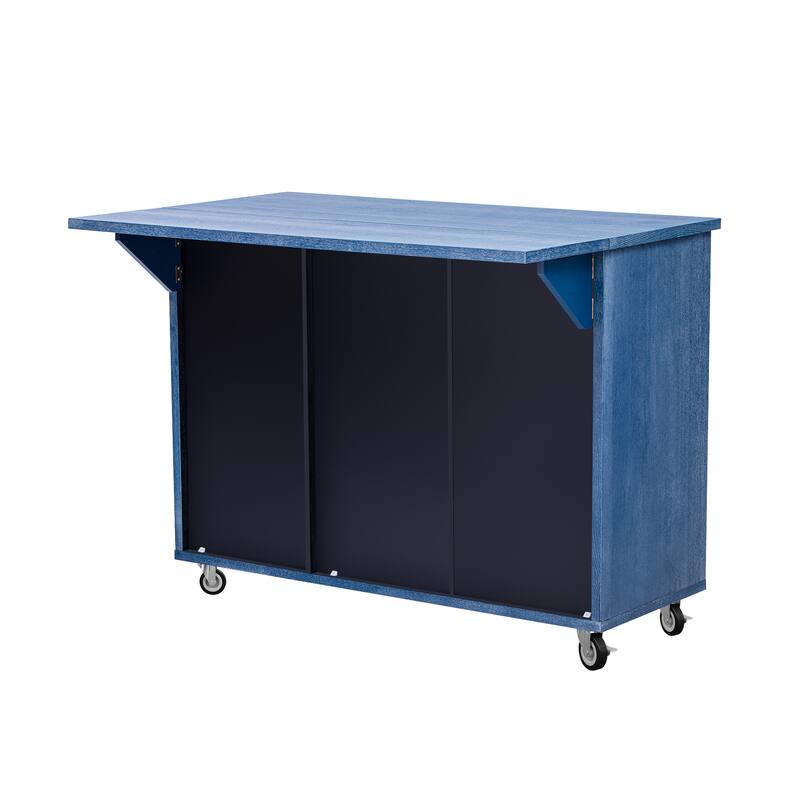 Rolling Kitchen Island with Drop Leaf, Ash Veneer Handwoven Doors, Internal Storage Rack, and Wheels - 51.2" Coastal Design