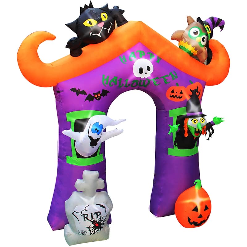 Haunted Hill Farm 10.5-ft. Prelit Inflatable Haunted House Arch with Ghost, Witch, Black Cat