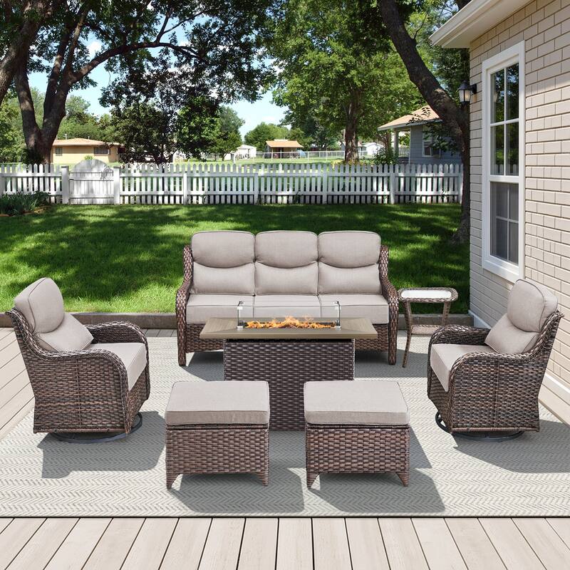 Meyreso 7-Piece Wicker Outdoor Patio Fire Pit Conversation Set with 6-Inch Thick Cushions - 7-Piece - Brown/Beige