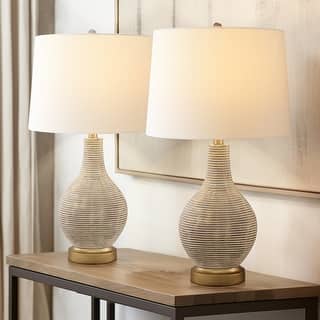 24.5-inch Washed Beige/Gold Farmhouse Table Lamp with White Linen Shade (Set of 2) - 24.5" H