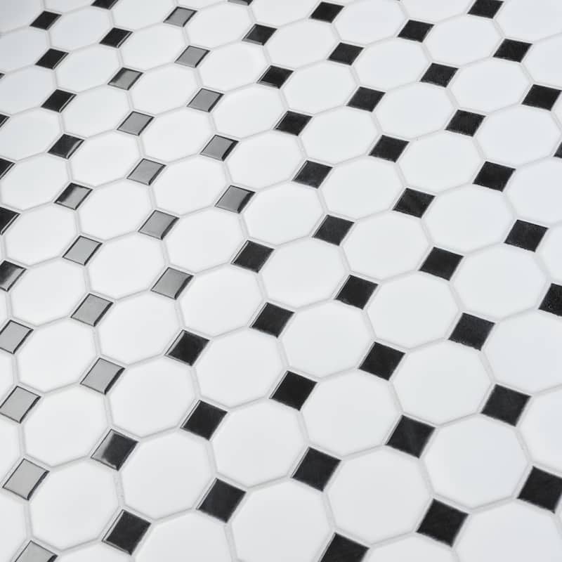 Merola Tile Metro Octagon Matte White w/Black Dot 11.5" x 11.5" Porcelain Mosaic