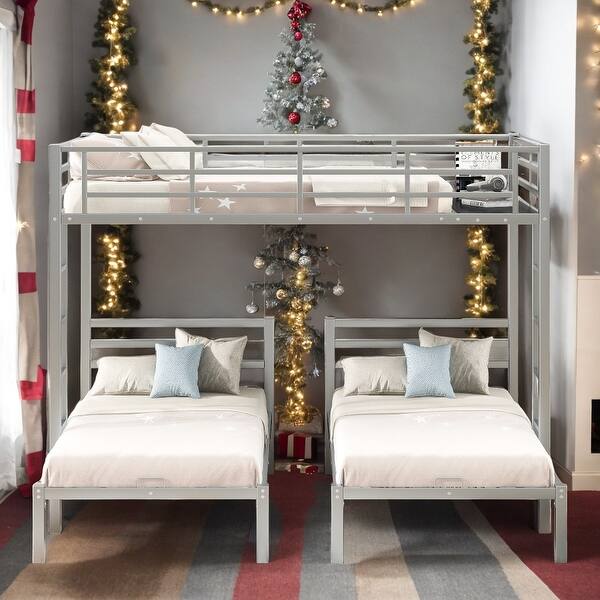 slide 2 of 14, Full over Twin&Twin Size Bunk Bed with Built-in Shelf, Silver Silver