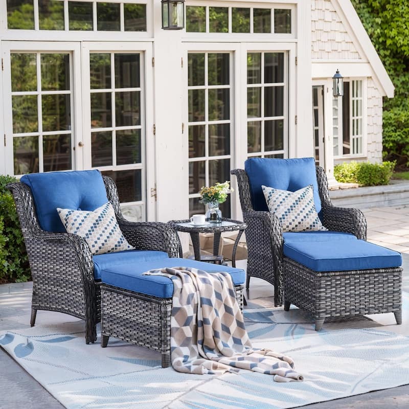 Pocassy 5 Pieces Outdoor Patio Chairs Ottoman Table with Cushion - Blue cushion - Gray Wicker
