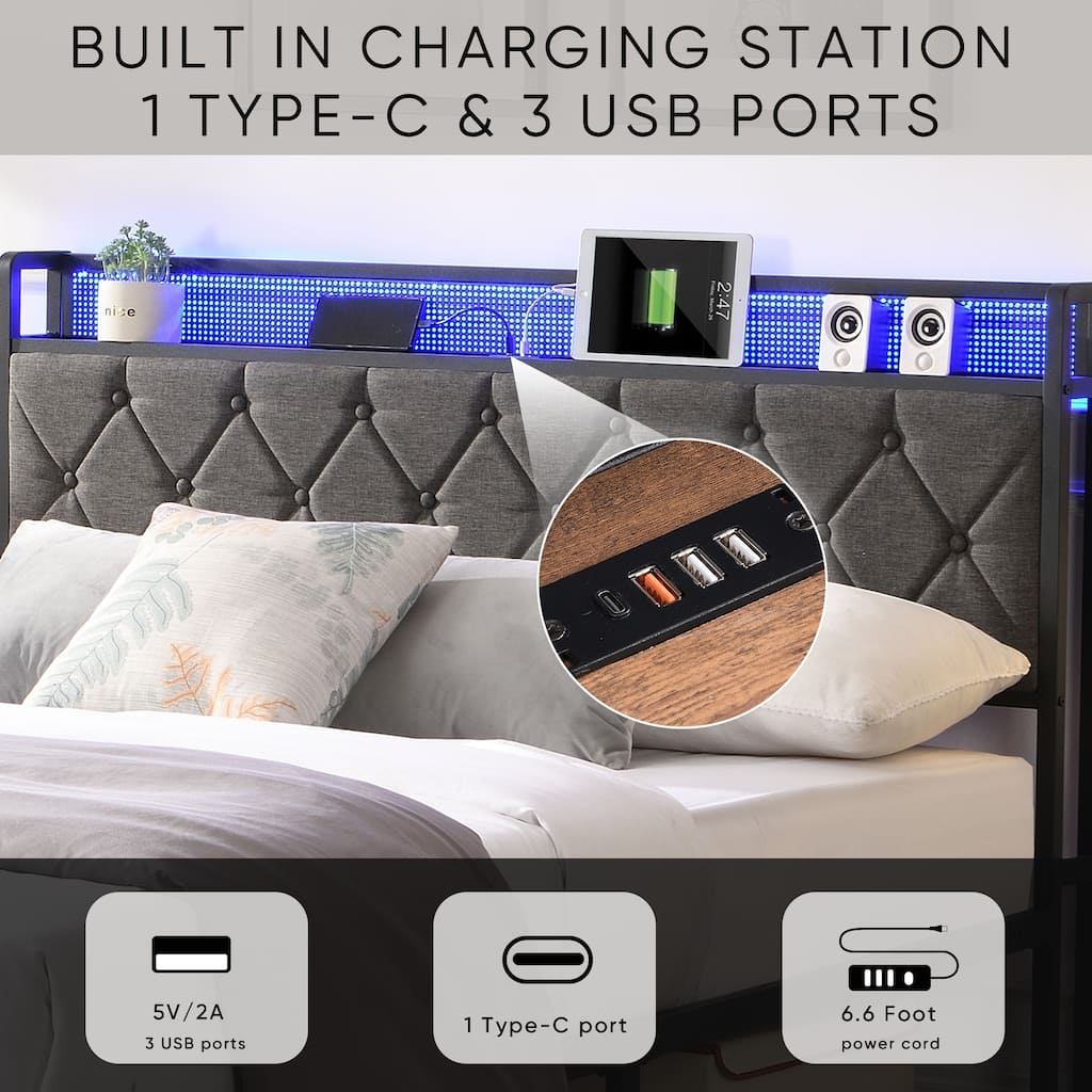 Full Bed Frame with Storage Headboard, Charging Station and LED Lights, Upholstered Platform Bed