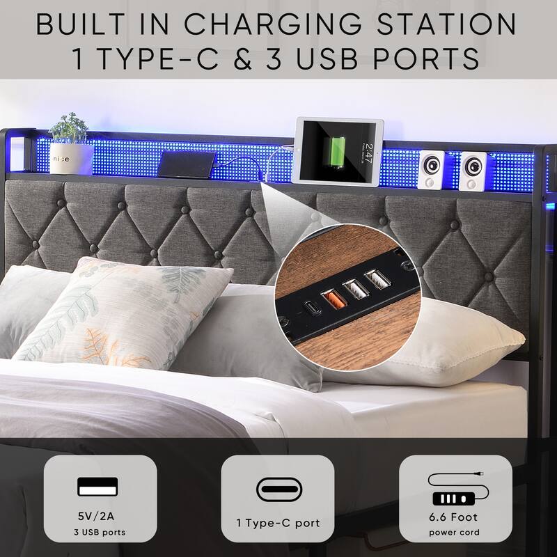Grey Queen Platform Bed in Upholstered Finish with Storage Headboard, Charging Station, and LED Lights