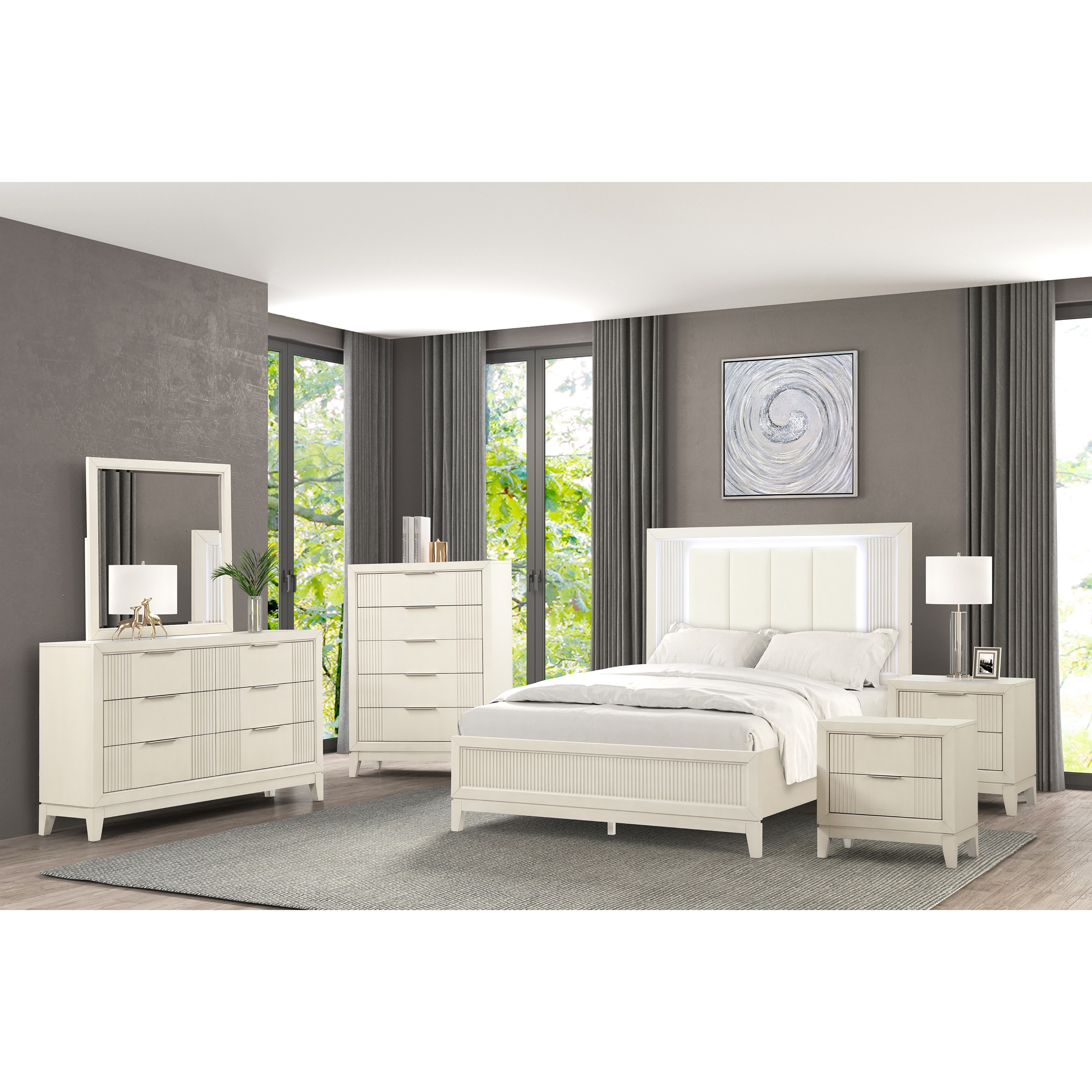 Furniture of America Irwin 6-Piece Antique White Wood Panel Bedroom Set with LED Headboard