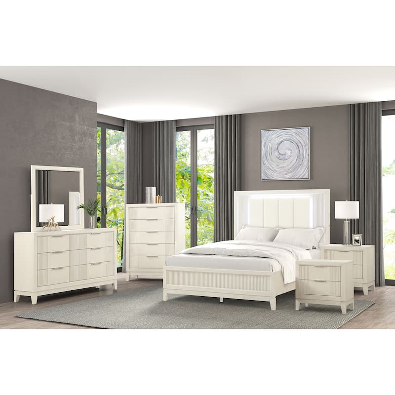 Furniture of America Irwin 6-Piece Antique White Wood Panel Bedroom Set with LED Headboard - Queen