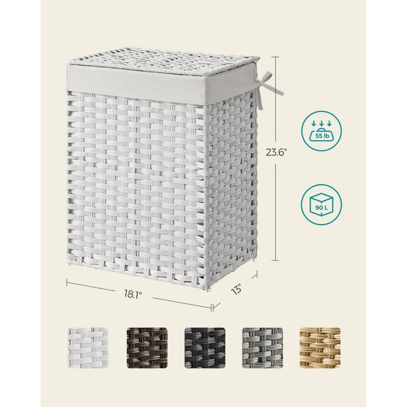 23.8Gallon White Waterproof Rattan Laundry Hamper with Lid and Removable Liner Metal Frame for Small Spaces