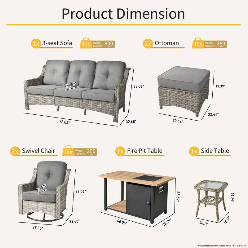 OVIOS 7 Pieces Outdoor Wicker Curved Swivel Chair Set With Fire Table