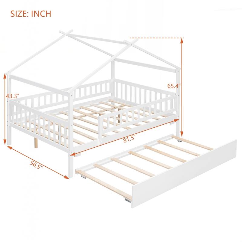 Full Size Wooden House Bed with Twin Size Trundle