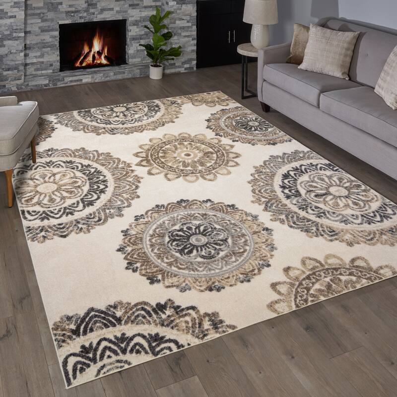Gertmenian Fosse Wheels Transitional Floating Lace Medallions Beige/Brown/Ivory Area Rug 3 Piece Set - 2' 2" x 6'