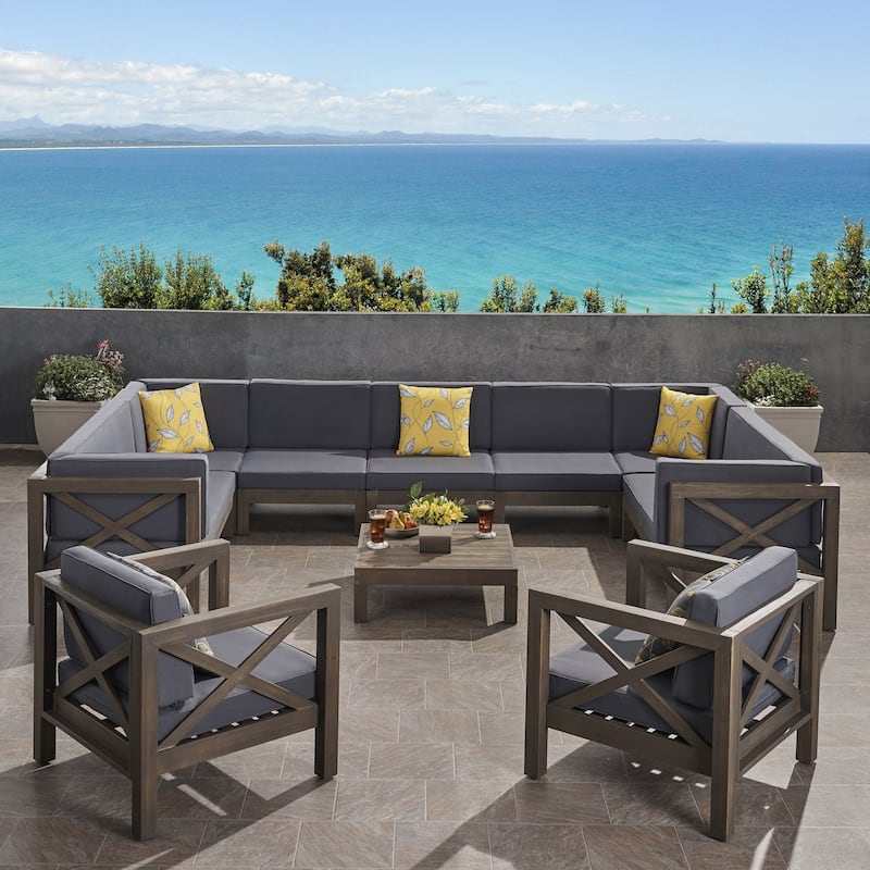 Brava Outdoor 11 Seater Acacia Wood Sectional Sofa and Club Chair Set by Christopher Knight Home