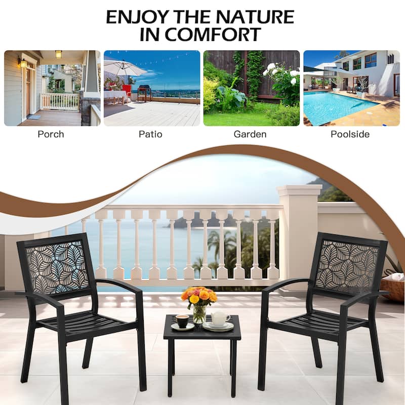 Outdoor Patio Set, Weatherproof Iron Bistro Table & Chairs, Floral Back Design, Space-Saving（Green/ Blue/ Yellow/ Black）