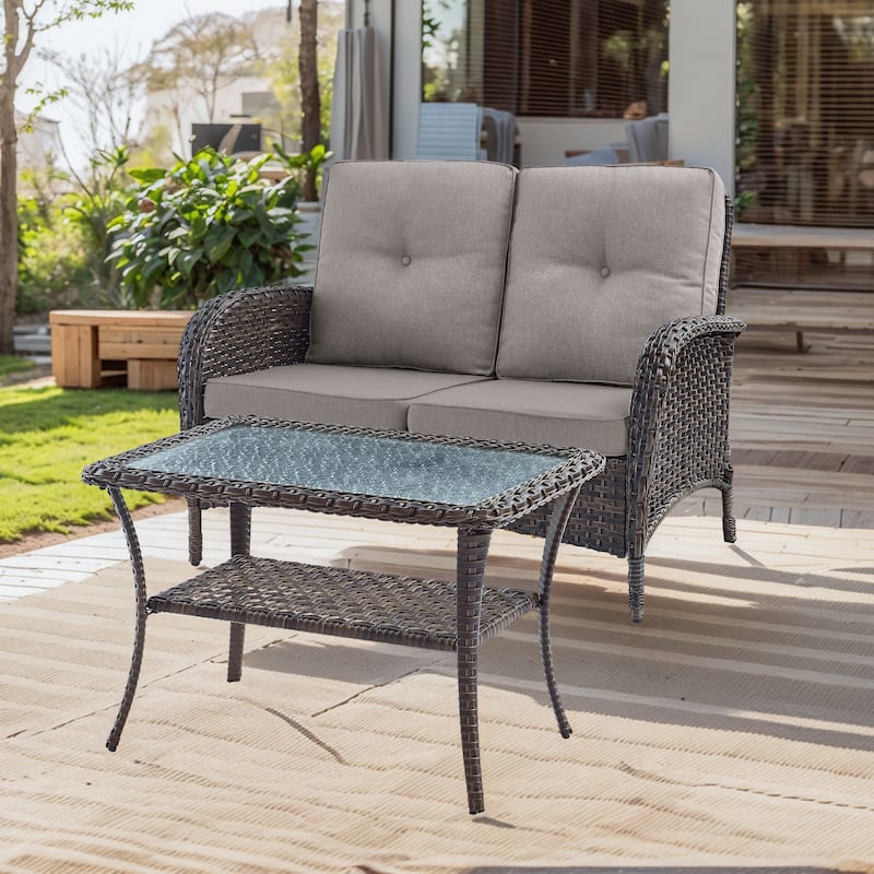 Patio Sofa Outdoor Loveseat with Coffee Table - Brown - Grey - Brown
