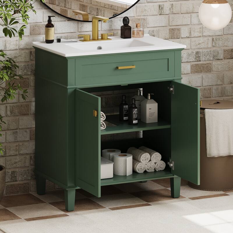 30-inch bathroom vanity with ceramic basin, soft close door and adjustable shelves