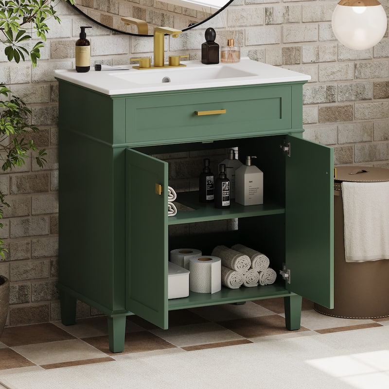 GDFStudio - Ailsa Wood & Ceramic 30" Bathroom Vanity with Basin, Soft-Close Door & Adjustable Shelves - 30" - Green