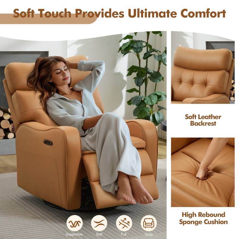 Wide Tufted Back Faux Leather Power Swivel Rocker Recliner With USB and Type-C Port
