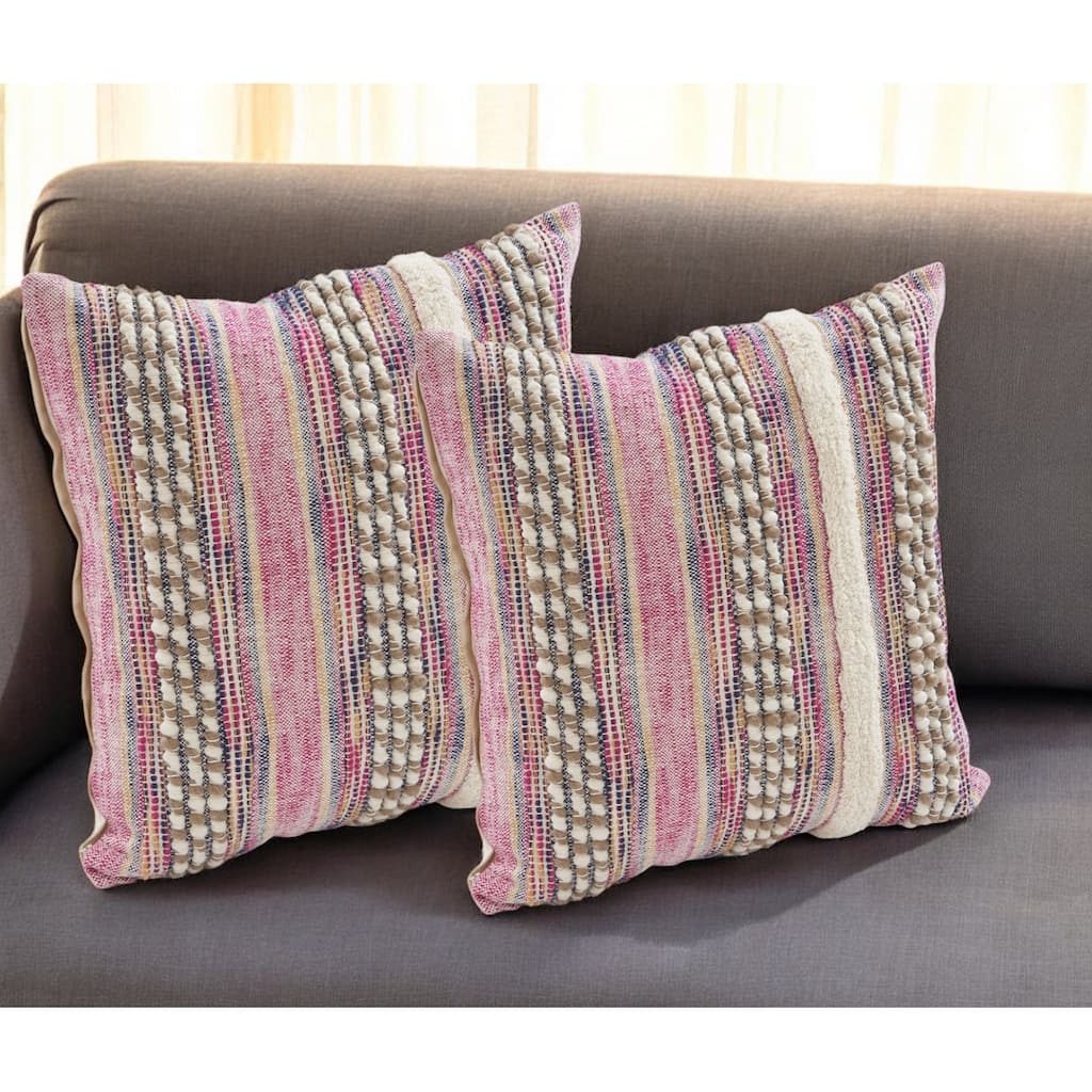 Set of Two Pink Striped Cotton Throw Pillow With Fringe