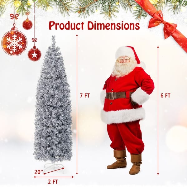 Gymax 7ft Pre-Lit Artificial Christmas Tree Hinged Slim Pencil Xmas ...
